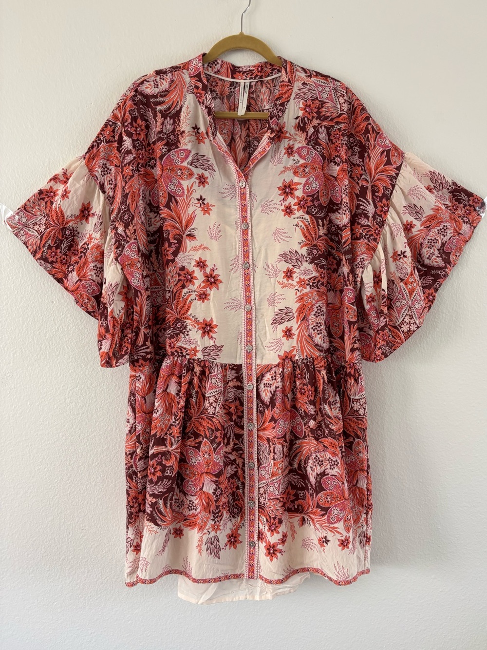 Anthropologie Janelle Floral Button Front Mini Tunic Dress Pink Combo XL - Picture 3 of 13